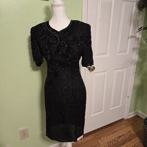 NWT  Vintage Silky Nites Chic Black Beaded Midi Dress Size 12